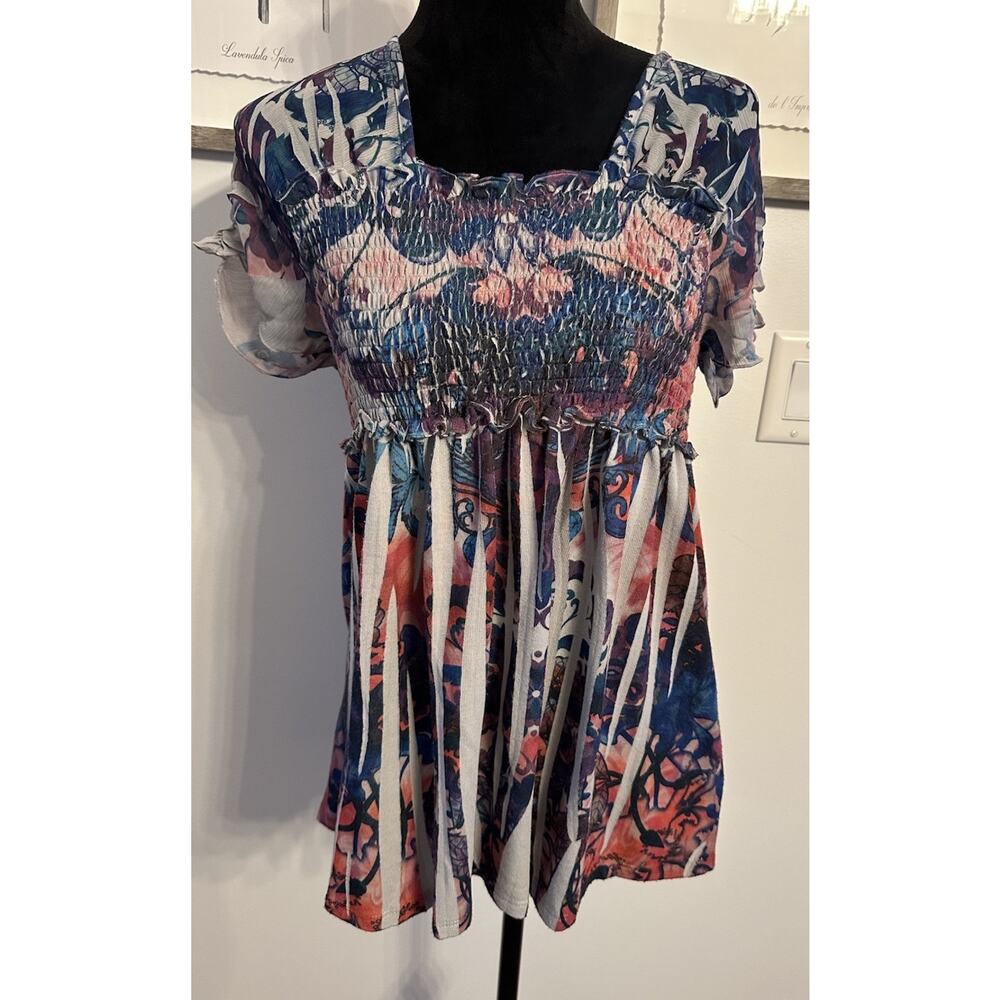 One World Babydoll Top Women’s Medium Floral Stretch Knit Short Sleeve Boho Y2K